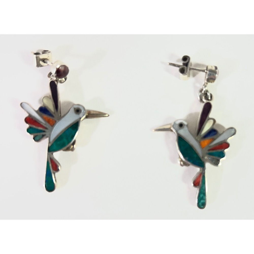 Vintage Peruvian 950 Sterling Silver Gemstone Inlay Hummingbird Earrings